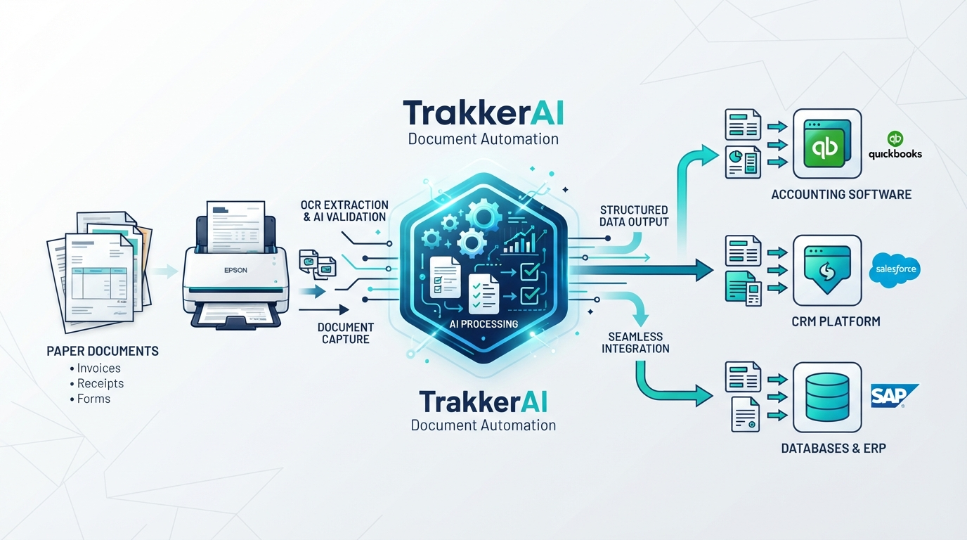 Workflow illustration showing the flow from scanning documents through TrakkerAI processing to business systems integration